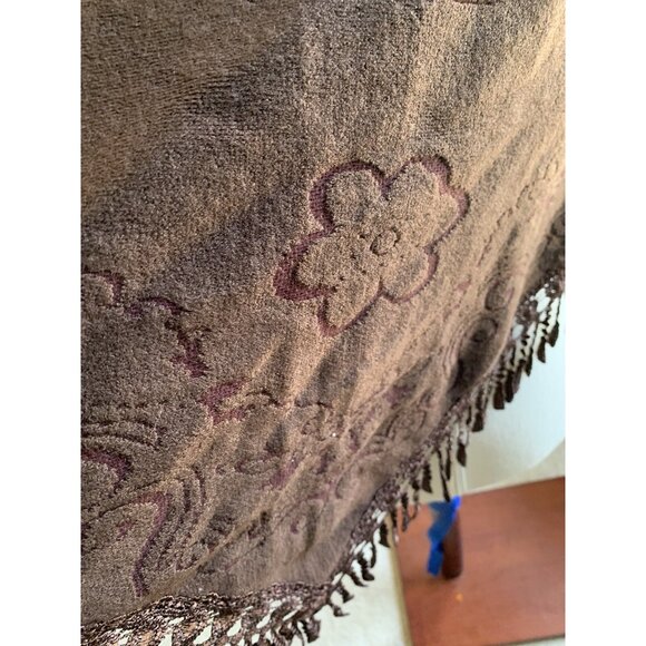 Vintage Woven Textured Fur Pom Pom with Embroidered Fringe Brown Art Shawl Brown - Picture 9 of 11